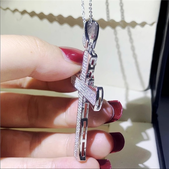 New Luxury 925 Silver Cross Men Women Diamond Necklace - Picture 10 of 16